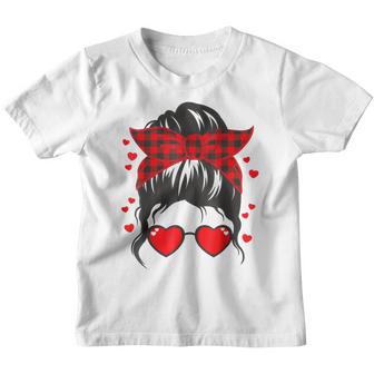 Cute Girl Messy Bun Buffalo Plaid Heart Valentines Day Lover Youth T-shirt - Thegiftio UK
