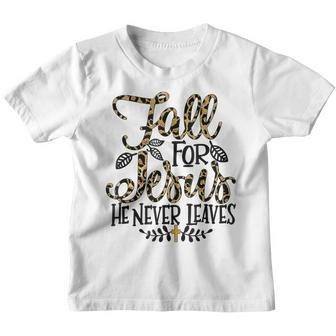 Funny Fall For Jesus He Never Leaves Leopard Partten Youth T-shirt - Thegiftio UK