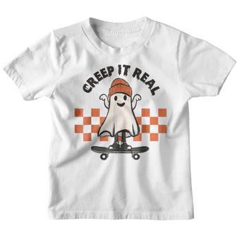 Funny Retro Halloween Cute Ghost Skateboarding Creep It Real Youth T-shirt - Thegiftio UK