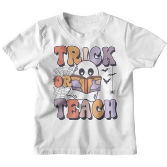 Groovy Style Ghost Trick Or Teach Teachers Halloween Funny Youth T-shirt - Thegiftio UK