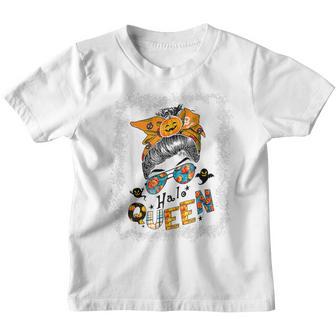 Hallo Queen Messy Bun Witch Pumpkin O Lantern Halloween Fun Youth T-shirt - Thegiftio UK