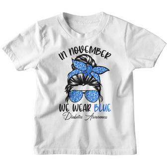 In November We Wear Blue Messy Bun Diabetes Awareness Youth T-shirt - Thegiftio UK