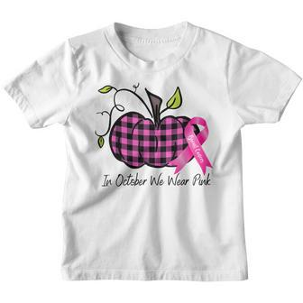 In October We Wear Pink Pumpkin And Ribbon Cancer Support Youth T-shirt - Thegiftio UK