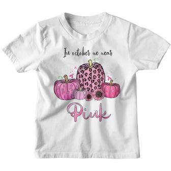In October We Wear Pink Pumpkin Breast Cancer Halloween Youth T-shirt - Thegiftio UK