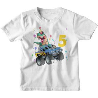 Kids 5 Year Old Dinosaur T Rex Monster Truck 5Th Birthday Boys Youth T-shirt - Thegiftio UK