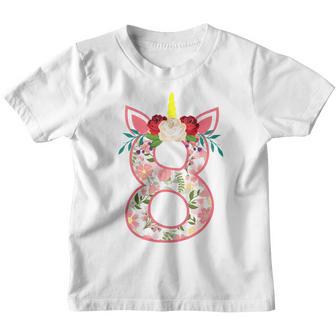 Kids 8 Year Old Gifts 8Th Birthday Girls Unicorn Face Flower Youth T-shirt - Thegiftio UK