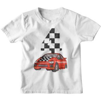 Kids Birthday Boy 4 Four Race Car 4Th Birthday Racing Car Flag Youth T-shirt - Thegiftio UK