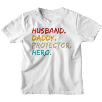Kids Husband Daddy Protector Hero Fathers Day Retro For Dad Youth T-shirt - Thegiftio UK