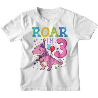 Kids Roar Im 3 Year Old Dinosaur Girl 3Rd Birthday Party Youth T-shirt | Mazezy