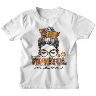 Leopard Messy Bun One Thankful Mom Blessed Mom Thanksgiving Youth T-shirt - Thegiftio UK