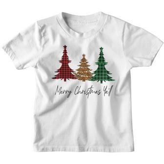 Merry Christmas Yall Buffalo Plaid Leopard Christmas Tree Youth T-shirt - Thegiftio UK