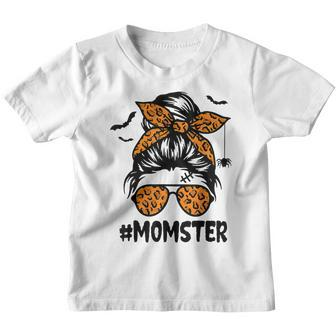 Momster For Women Halloween Mom Messy Bun Leopard Youth T-shirt - Thegiftio UK