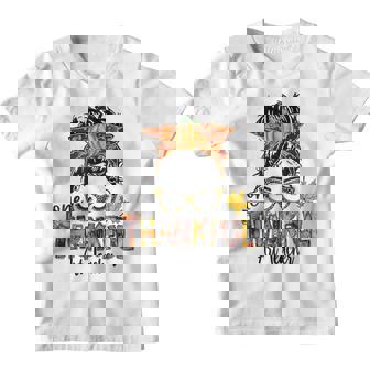 One Thankful Art Teacher Messy Bun Thanksgiving Youth T-shirt - Thegiftio