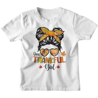 One Thankful Girl Thanksgiving Daughter Messy Bun Fall Girls V8 Youth T-shirt - Thegiftio UK