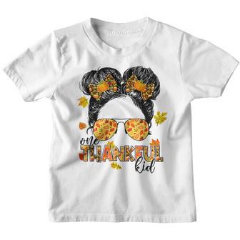 One Thankful Kid Messy Bun Funny Fall Autumn Thanksgiving V2 Youth T-shirt - Thegiftio UK