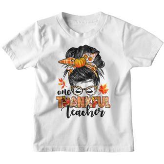 One Thankful Teacher Messy Bun Pumpkin Thanksgiving Gifts V2 Youth T-shirt - Thegiftio UK