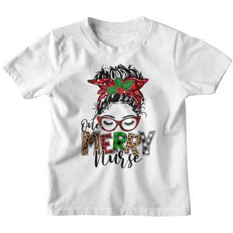 Red Plaid One Merry School Nurse Messy Bun Christmas Pajamas Youth T-shirt - Thegiftio UK