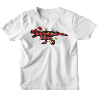 Red Plaid T Rex Dinosaur Christmas Lights Pajamas Kids Xmas Youth T-shirt - Thegiftio UK