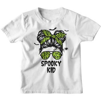 Spooky Kid Halloween For Girls Youth Messy Bun Leopard V2 Youth T-shirt - Thegiftio UK