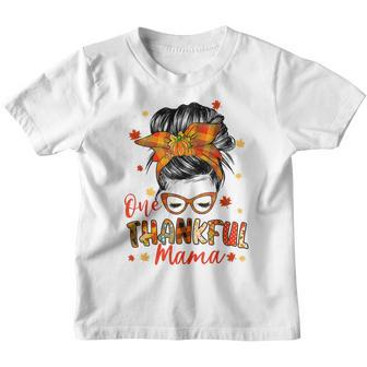 Thankful Mama Messy Bun Mom Fall Autumn Thanksgiving Plaid Youth T-shirt - Thegiftio UK