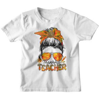 Thankful Teacher Leopard Messy Bun Autumn Thanksgiving V7 Youth T-shirt - Thegiftio UK