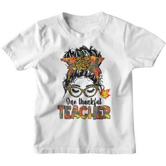 Thanksgiving Teacher Messy Bun Women One Thankful Teacher Youth T-shirt - Thegiftio UK