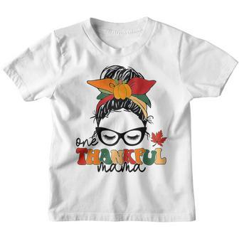 Womens Groovy One Thankful Mama Messy Bun Women Autumn Thanksgiving Youth T-shirt - Thegiftio UK