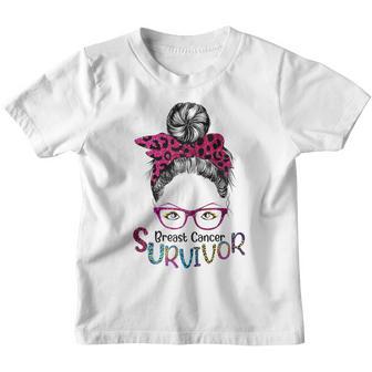 Womens Strong Women Messy Bun Breast Cancer Survivor Pink Ribbon Youth T-shirt - Thegiftio UK