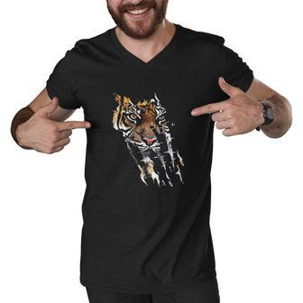 Bengal Tiger Face Wild Cat Paws African Safar Men V-Neck Tshirt - Thegiftio UK