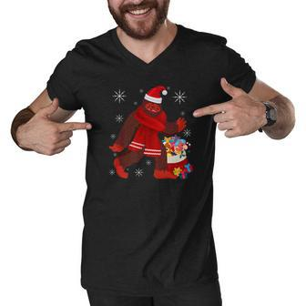 Bigfoot Christmas Shirt Sasquatch Santa Red Scarf Toys Gift Men V-Neck Tshirt - Thegiftio UK