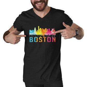 Boston Massachusetts Retro Watercolor Skyline Souvenir V2 Men V-Neck Tshirt - Thegiftio UK