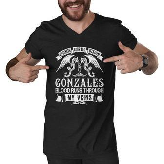 Gonzales - Strength Courage Wisdom Gonzales Blood Runs Through My Veins Name Men V-Neck Tshirt - Thegiftio UK