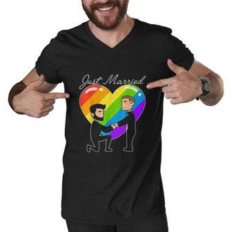 Just Married Gay Couple Just Married Rainbow Heart Print V2 Men V-Neck Tshirt - Thegiftio UK