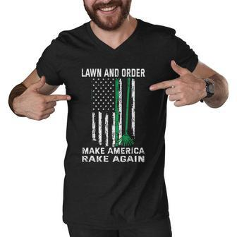 Lawn And Order Make America Rake Again Vintage American Flag Men V-Neck Tshirt - Thegiftio UK