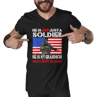 My Grandson Is A Soldier Proud Army Grandpa Military Family Men V-Neck Tshirt - Thegiftio UK