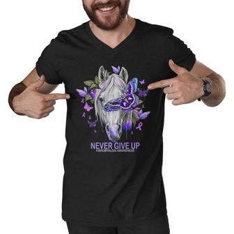 Never Give Up Fibromyalgia Awareness Horse And Flower Shirt Mf Men V-Neck Tshirt - Thegiftio UK