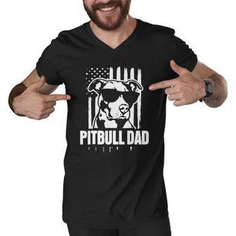 Pitbull Dad American Flag Sunglass Shirt Men V-Neck Tshirt - Thegiftio UK