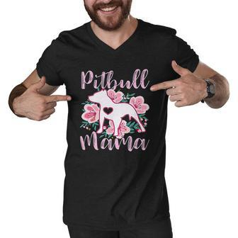 Pitbull Mama Pink Flowers Cute Pit Bull Pretty Mom Gift Men V-Neck Tshirt - Thegiftio UK