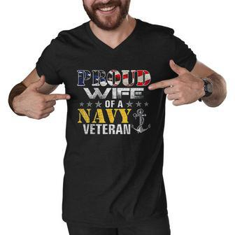 Proud Wife Of A Navy Veteran American Flag Military Gift Men V-Neck Tshirt - Thegiftio UK