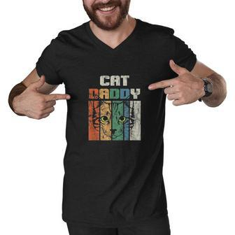 Retro Cat Dad Daddy Cool Kitten Lover Vintage Pet Pets Gift Men V-Neck Tshirt - Thegiftio UK