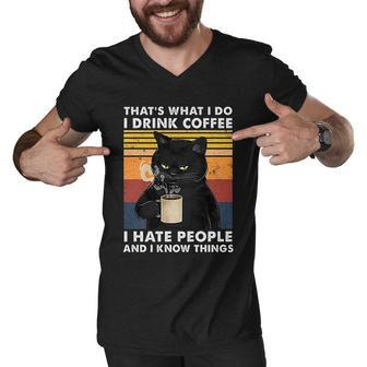 That Is What I Do I Drink Coffee I Hate People Black Cat Men V-Neck Tshirt - Thegiftio UK