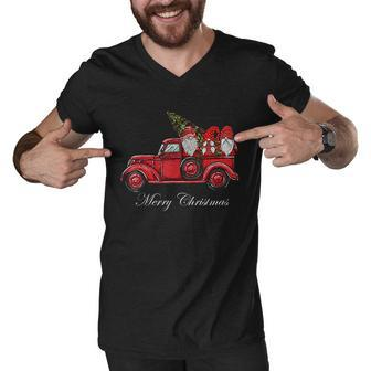 Three Gnomes In Red Truck With Merry Christmas Tree Men V-Neck Tshirt - Thegiftio UK