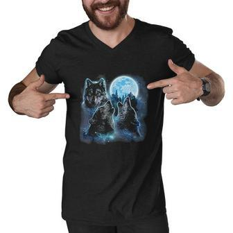 Three Wolves Howling Under Icy Full Moon Gray Wolf V2 Men V-Neck Tshirt - Thegiftio UK