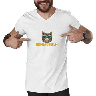 Meowaukee Milwaukee Cat Funny Cat With Glasses Pun Men V-Neck Tshirt - Thegiftio UK