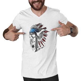 Patriotic Native American Indian Chief Skull Flag T-Shirt Black Men V-Neck Tshirt - Thegiftio UK