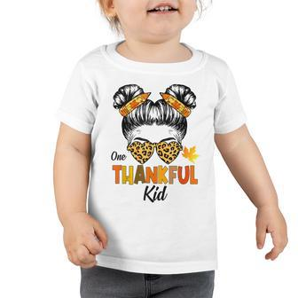 Messy Bun Girl One Thankful Kid Thanksgiving Autumn Leopard Toddler Tshirt - Thegiftio