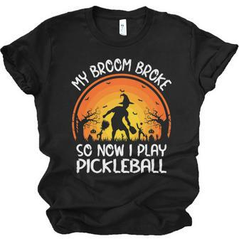 Funny My Broom Broke So Now I Play Pickleball Halloween Men Women T-shirt Unisex Jersey Short Sleeve Crewneck Tee - Thegiftio UK