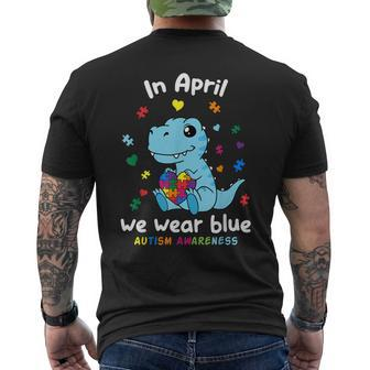 Baby Dino Autism April We Wear Blue Autism Awareness Month Men's T-shirt Back Print - Seseable
