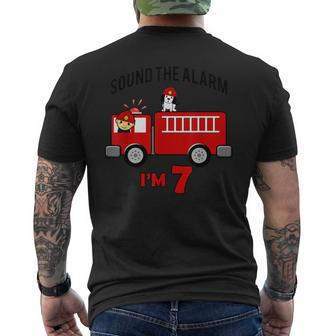 Birthday 7 Year Old Fire Fighter Truck Firetruck Men's T-shirt Back Print - Seseable