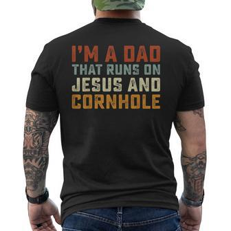 Im A Dad That Runs On Jesus Cornhole Christian Vintage Men's T-shirt Back Print - Seseable